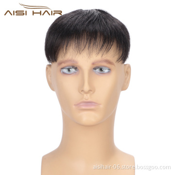 Aisi Hair 100% Human Hair Toupee for Men Natural Black Hair Machine Made Toupee Replacement System Hairpieces with Clips